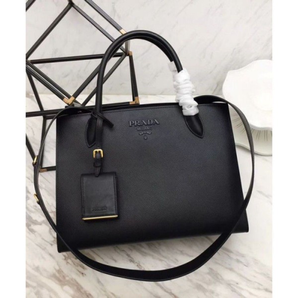 Replica Borsa a mano monocromatica Saffiano Prada nera Imitazioni Outlet Online Italia